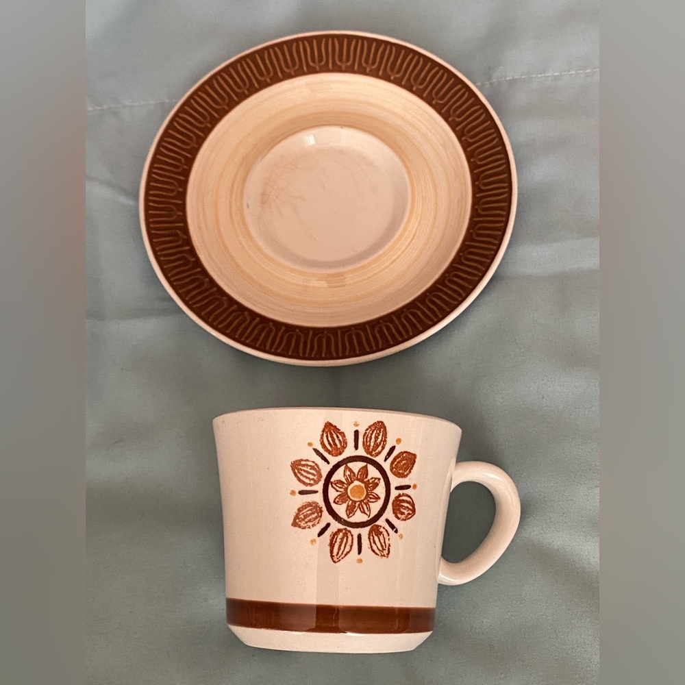 Merida Cup & Saucer Vintage Iron Stone Ceramic Brown & Ivory  Floral Print
